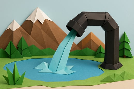 origami a large hose filling a lake mountains in the background
